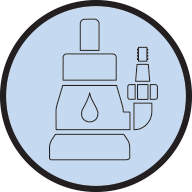 Droplet and pipette icon in a circular blue background.