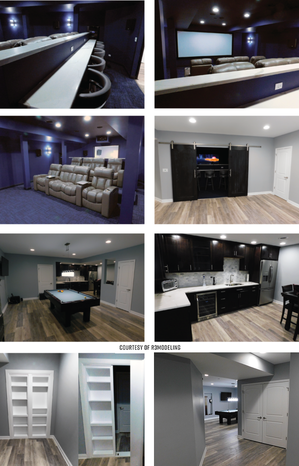 Home theater and modern basement renovation images.