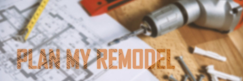 Close-up of drill and blueprint with 'DIY REMODE' text overlay.