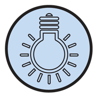 A glowing light bulb icon on a blue circular background.