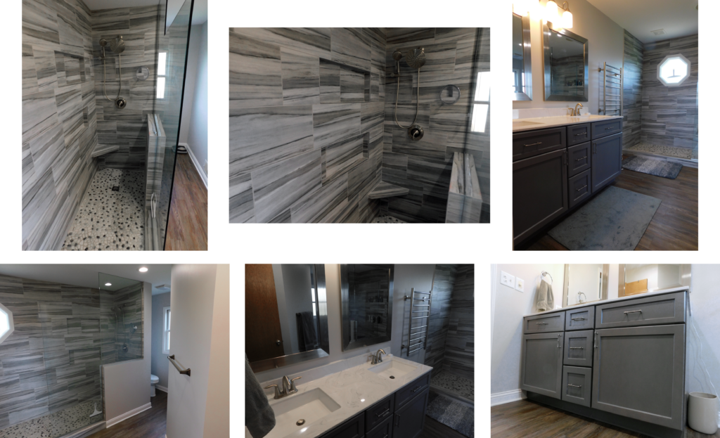 Modern bathroom with gray and white decor.