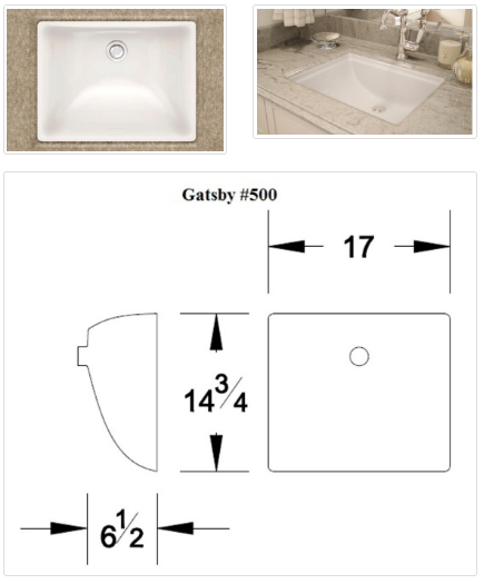 Diagram of the Gatsby #500 sink with dimensions and top view.