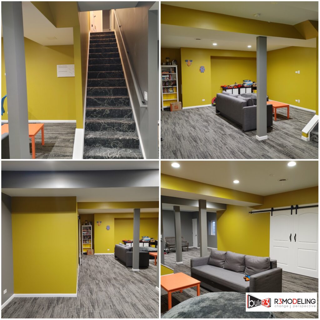 Modern basement with yellow walls and furniture.