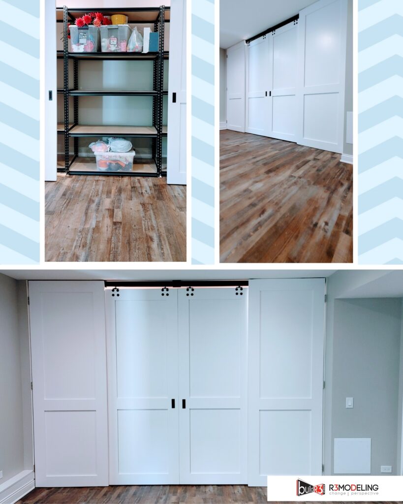 White sliding doors and organized storage shelves.