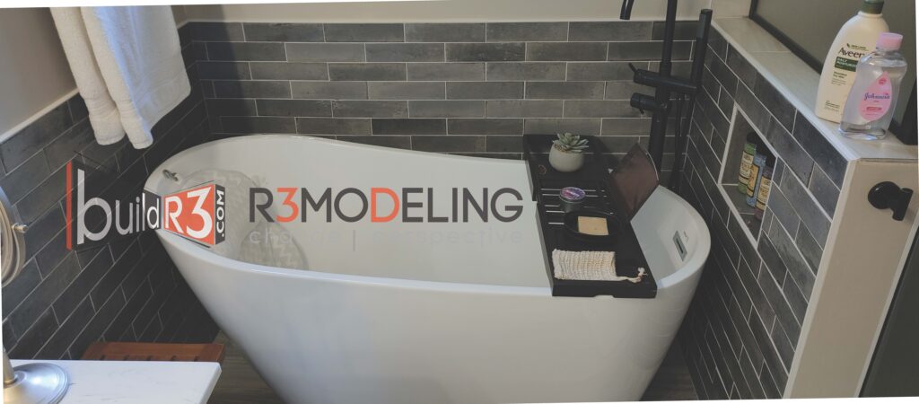 Modern bathroom with freestanding bathtub.