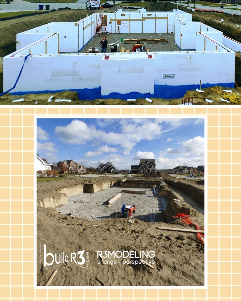 Construction site with foundation work in progress during remodeling.