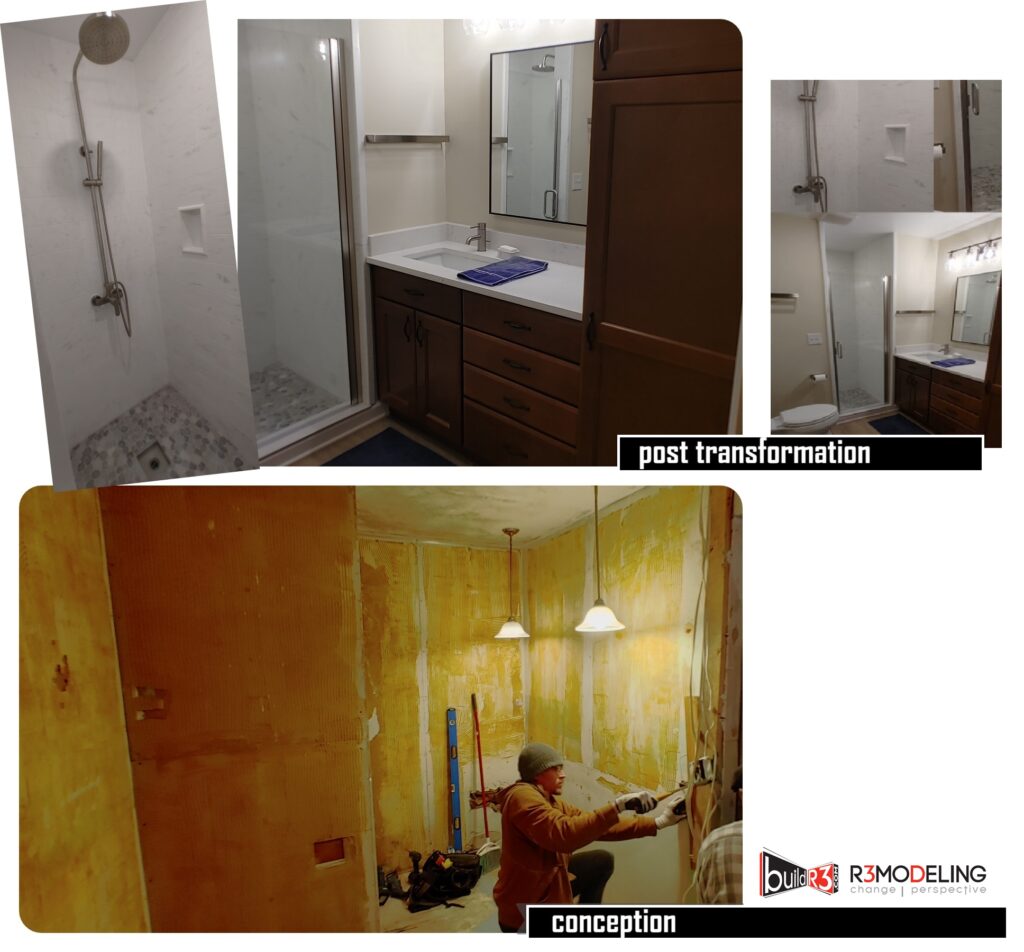 Bathroom renovation before and after comparison.