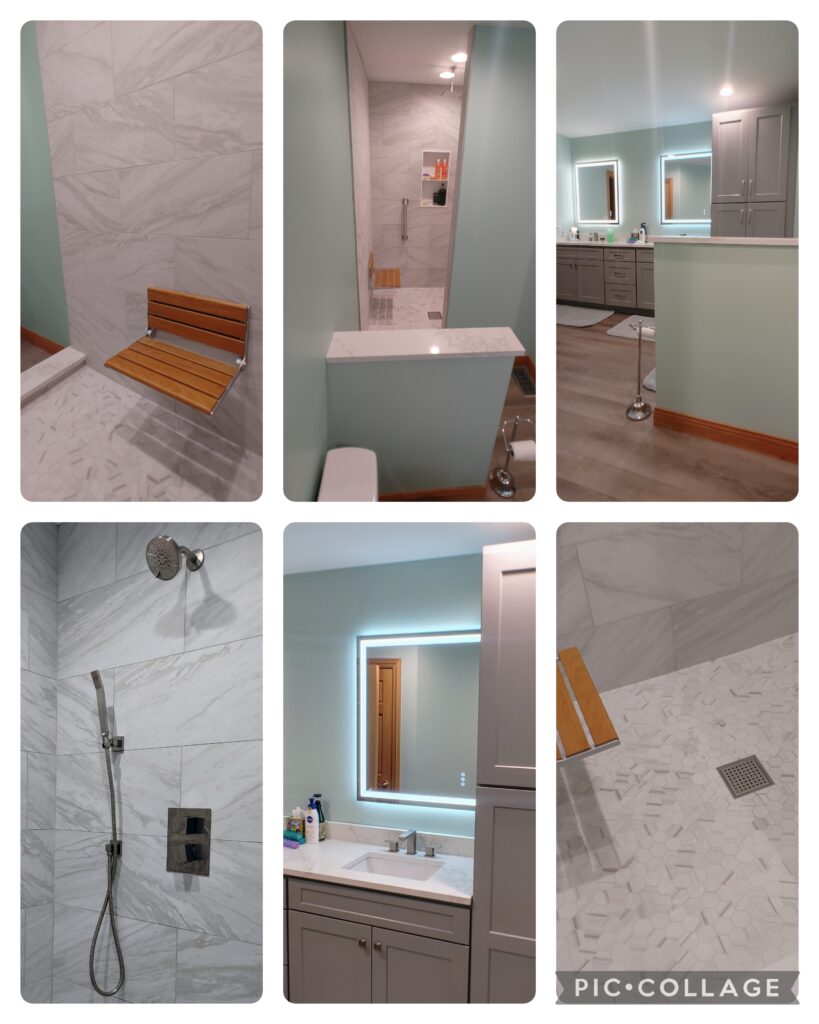 Modern bathroom with shower and vanity area.